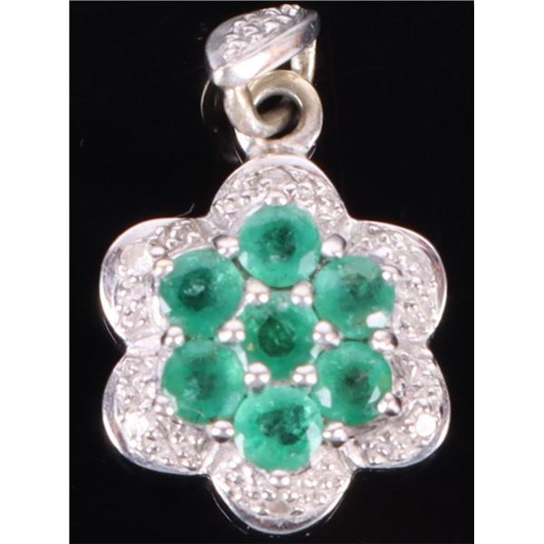 14K WHITE GOLD EMERALD DIAMOND FLORAL PENDANT