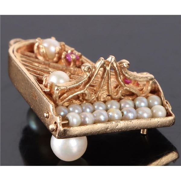 14K YELLOW GOLD PEARL & RUBY PIANO PENDANT