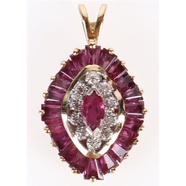 14K GOLD RUBY PENDANT W/ MARQUIS CENTER RUBY