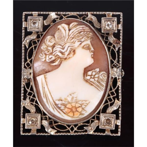 ANTIQUE 14K YELLOW GOLD DIAMOND CAMEO BROOCH