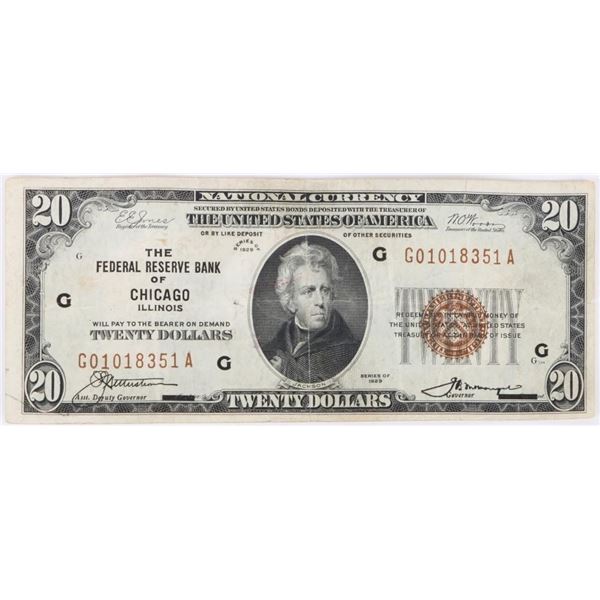 SERIES 1929 CHICAGO BROWN SEAL $20 U.S. BANKNOTE