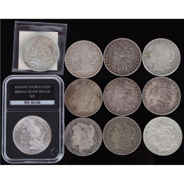 ASSORTED 0.9 SILVER MORGAN/ PEACE DOLLARS - (11)