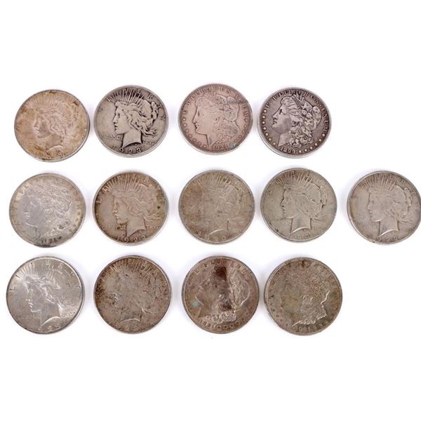 ASSORTED 90% SILVER MORGAN/ PEACE DOLLARS - (13)
