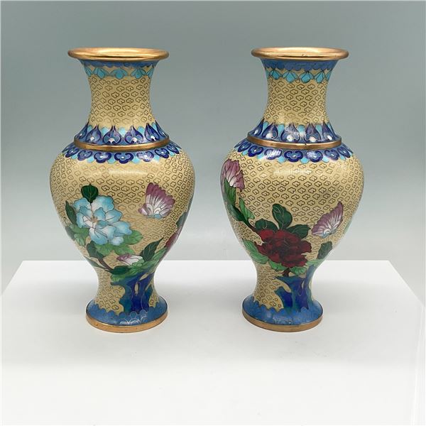 2pc Chinese Cloisonne Vases with Floral Motif