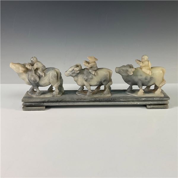 Chinese Gray Soapstone Carving of Figures Riding Oxen