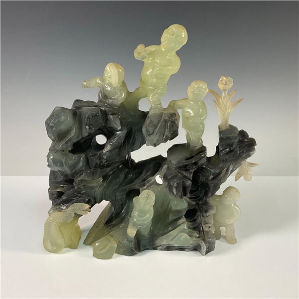 Vintage Chinese Scenic Green and Black Stone Carving