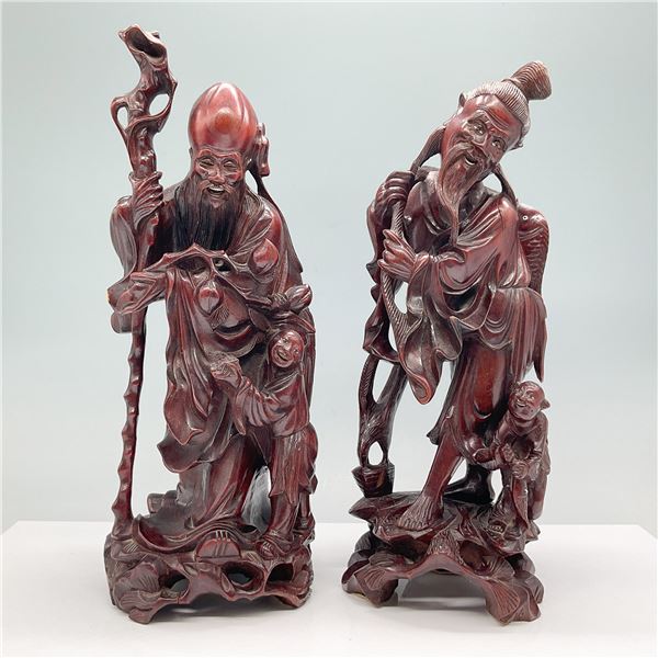 2pc Chinese Carved Wood Figurines, Shouxing and Fisherman