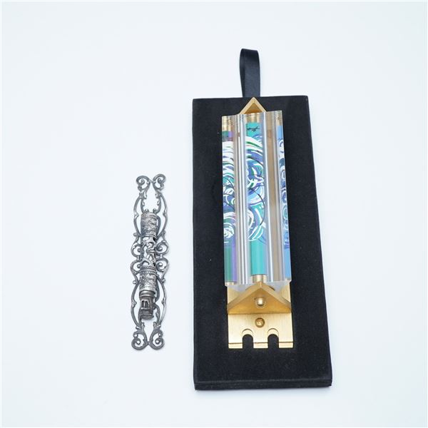 2pc Lucite and Metal Mezuzah and Ornate Silver Mezuzah Case