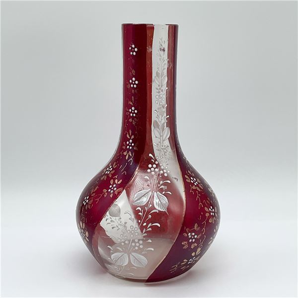 Art Glass Vase, Red Overlay with Floral Engraving