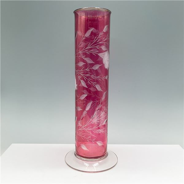 Cranberry Glass Vase with Etched Floral Design