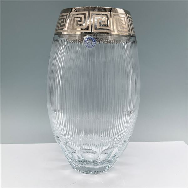 Crystallery Glass Vase, Greek Key Silver Design