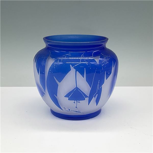 Etched Blue Cameo Glass Vase Signed G. Raspiller