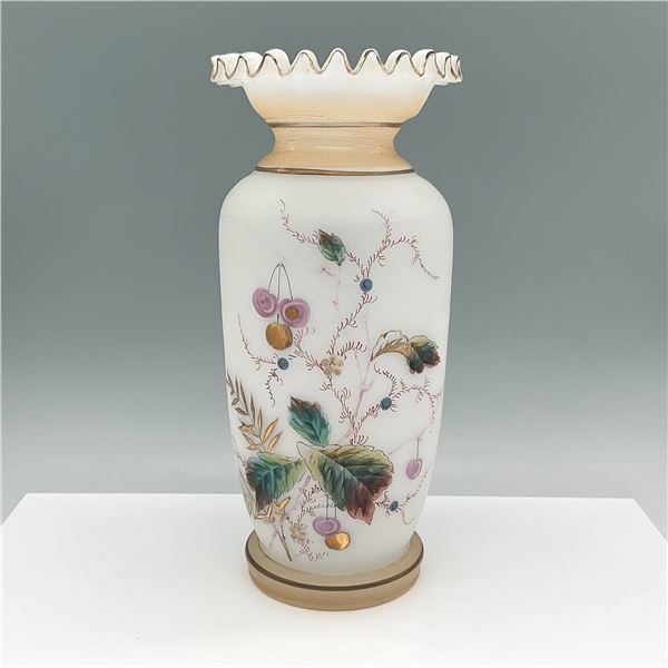 Hand-Painted Victorian Art Glass Vase with Ruffled Rim