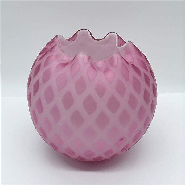 Pink Satin Glass Rose Bowl, Diamond Quilted Pattern
