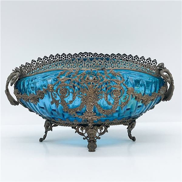 Victorian-Style Blue Glass Bowl w Ornate Metalwork
