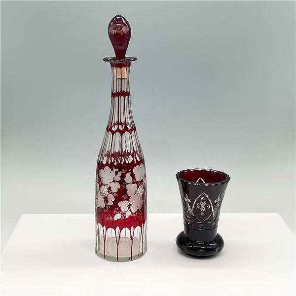 2pc Bohemian Ruby Cut to Clear Glass Decanter and Goblet