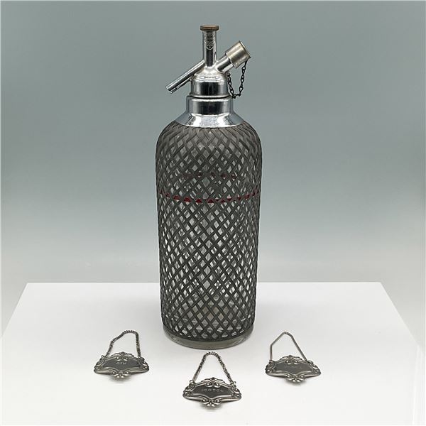 4pc Vintage Sparklets Seltzer Bottle with Ornate Liquor Tags