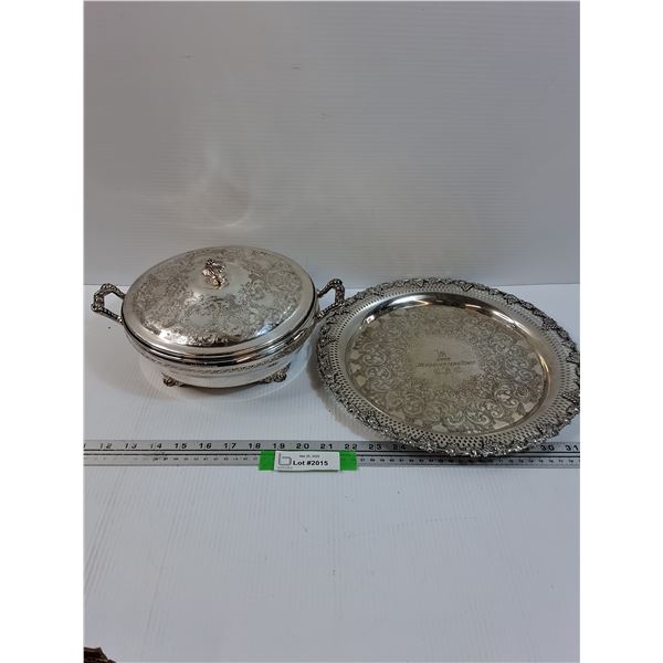 Silver Plated Platter - 12.5" & Serving Bowl Holder & Lid (Lid Handle Has Little Bend)
