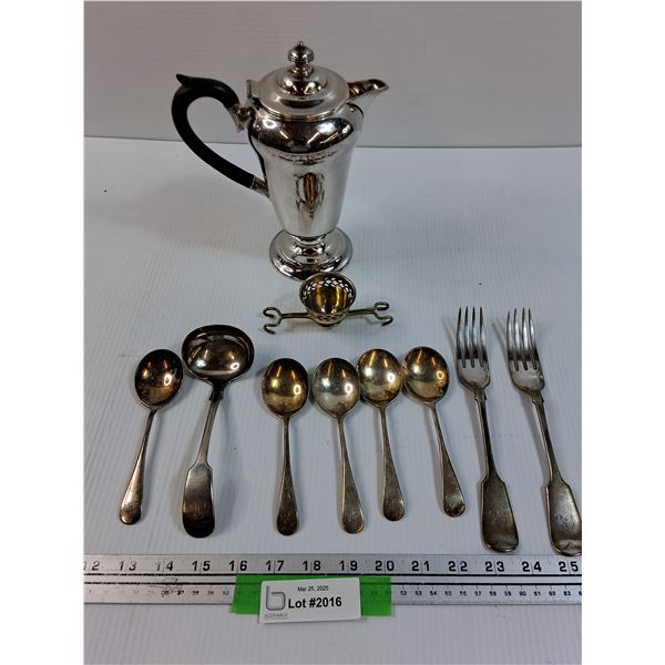 Silver Plated: Coffee Pot, Egg Cup,  (8) Silverware Utensils