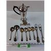 Image 1 : Silver Plated: Coffee Pot, Egg Cup,  (8) Silverware Utensils