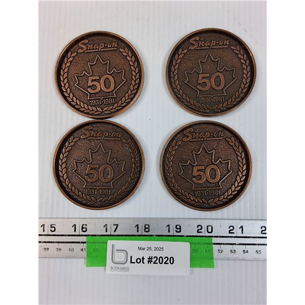 (4) Snap-On Anniversary Metal Coasters - 1931-1981