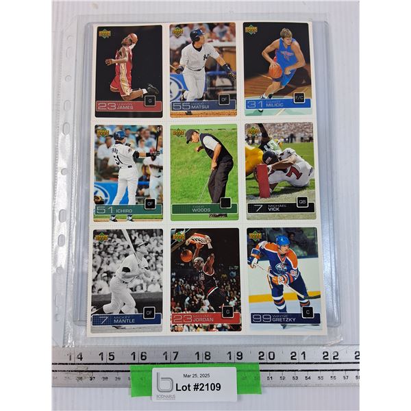 (9) Upper Deck Sports Trading Cards: Un-Cut: Woods, Gretzky, Lebron James, Mickey Mantle, Misc