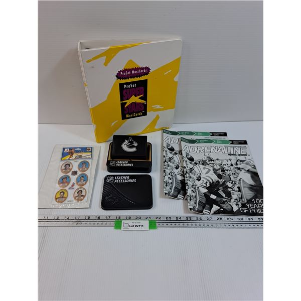 Vancouver Canucks Wallet in Case, (2) Saskatchewan Roughriders 2010 Magazine Issue, Pro Set Binder (
