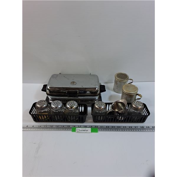 Toastess Vintage Waffle Maker (Missing Cord) & Various Salt & Pepper Shakers & Creamer