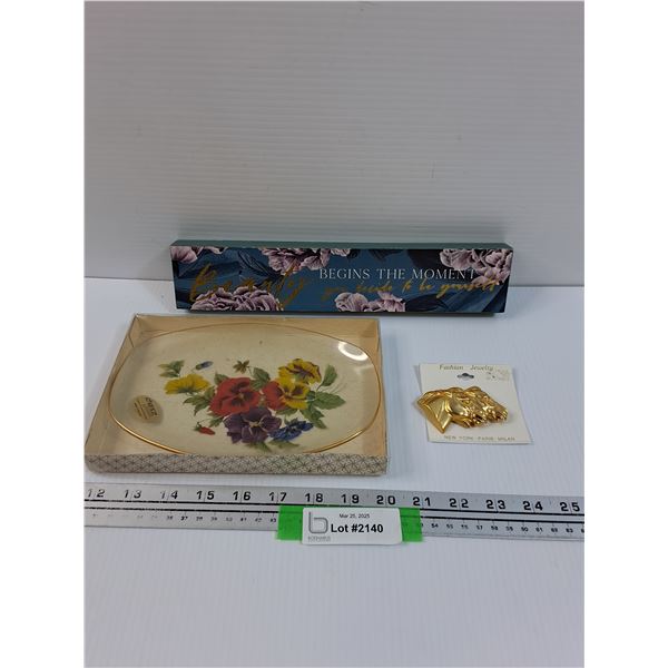 Horse Brooch, Floral Clear Glass Dish - Made in England, Beauty Wood Sign