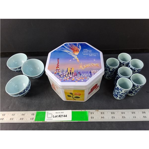 (6) Miniature Ceramic Bowls, (6) Cups, Lancome Tin