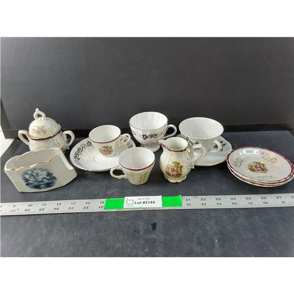 Ceramic Tea Set- (5) Plates, (4) Cups, Napkin Holder, Creamer, Sugar Bowl