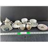 Image 1 : Ceramic Tea Set- (5) Plates, (4) Cups, Napkin Holder, Creamer, Sugar Bowl