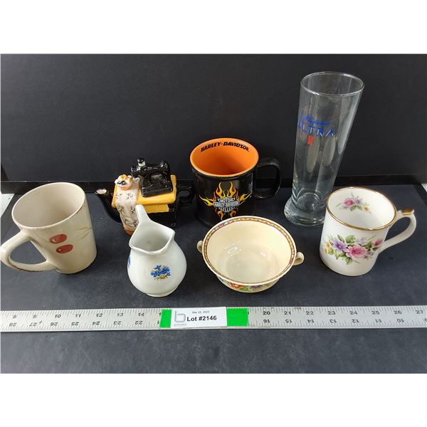 Dish Lot- (3) Mugs- Harley Davidson/Other, Michelob Glass, Ceramic Creamer, Misc.