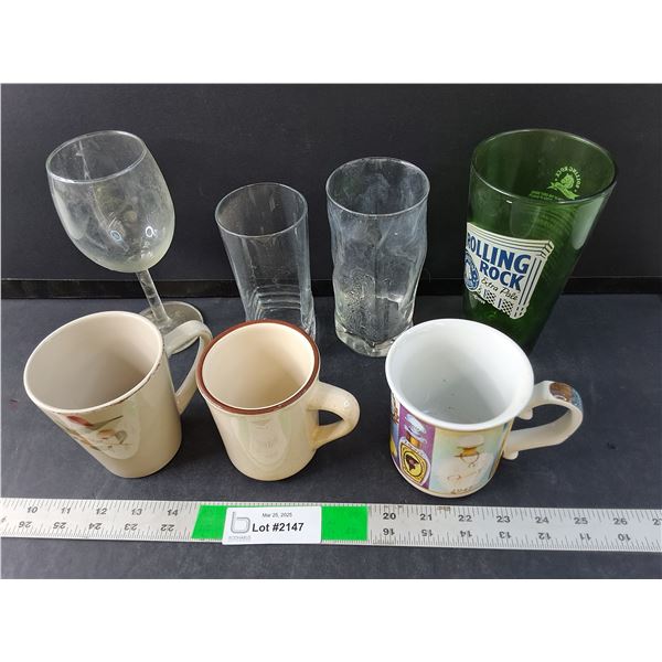(4) Glasses- Rolling Rock/Other, (3) Mugs- Avon/Other