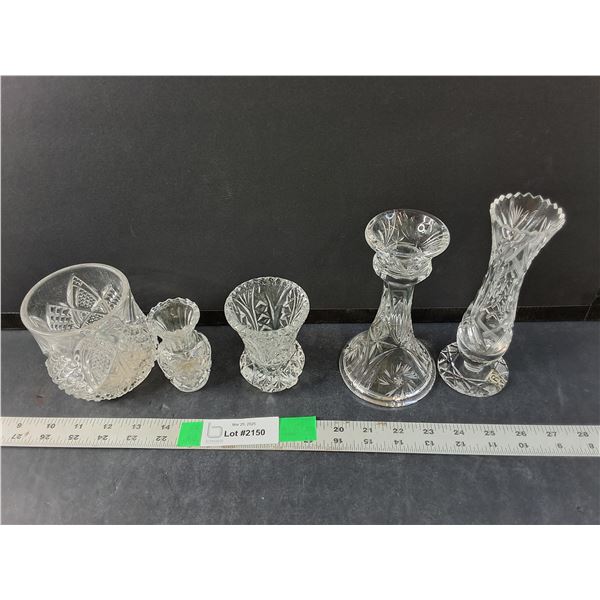 (5) Glass Items- Vases, Candleholder, Candy Dishes