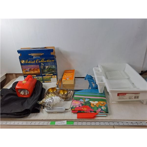 (2) Golf Bag Hoods, Jigsaw Puzzles, Silverplated Cream and Sugar Set with Tray, Misc.