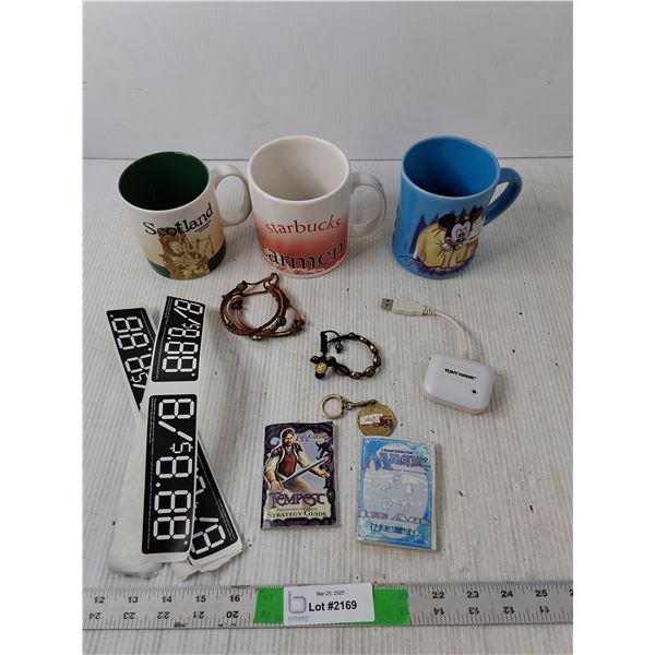 (3) Mugs- Starbucks, Mickey Mouse, Bracelets, Misc.