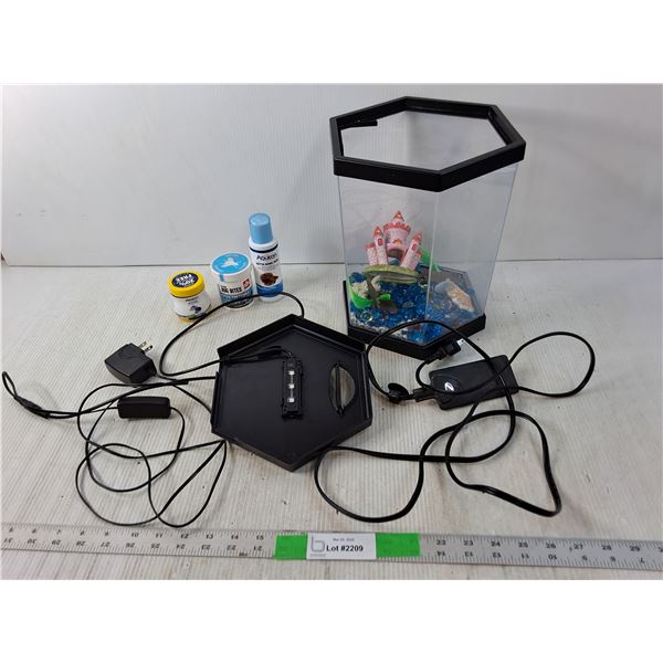 10.5" Tall Aquarium with Lights- Powers On & Supplies