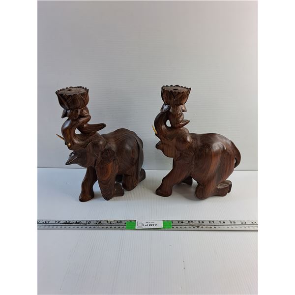 (2) Carved Wood Elephant Candle Holders