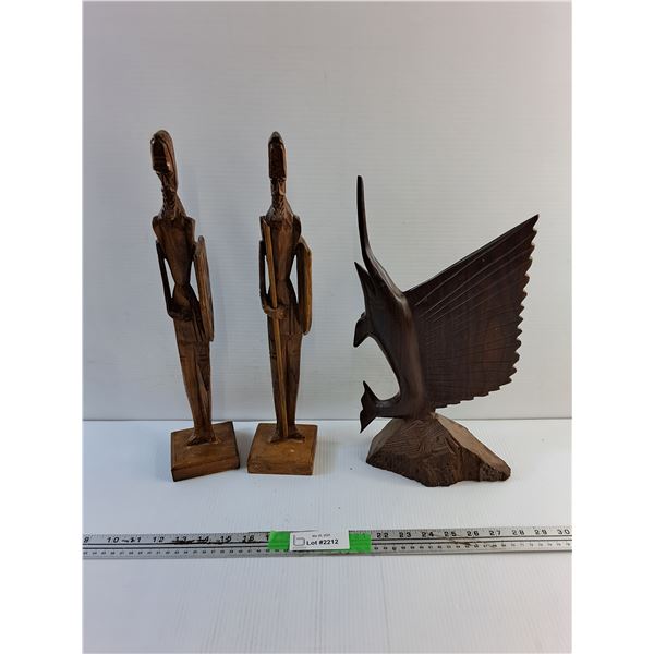 (2) Carved Wood Statues and Fish Home Decoration