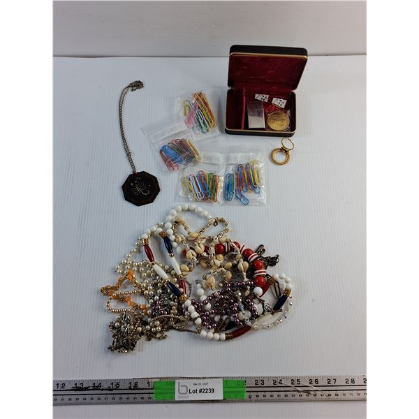 Various Necklaces, Alberta Token, Saskatchewan Shirt Pins and Misc