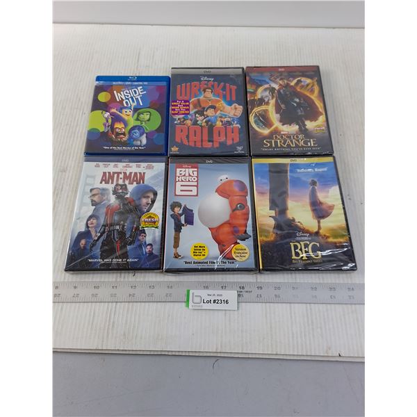 (6) DVD Movies (Inside Out, Ant-Man, Big Hero 5) - Most are Sealed