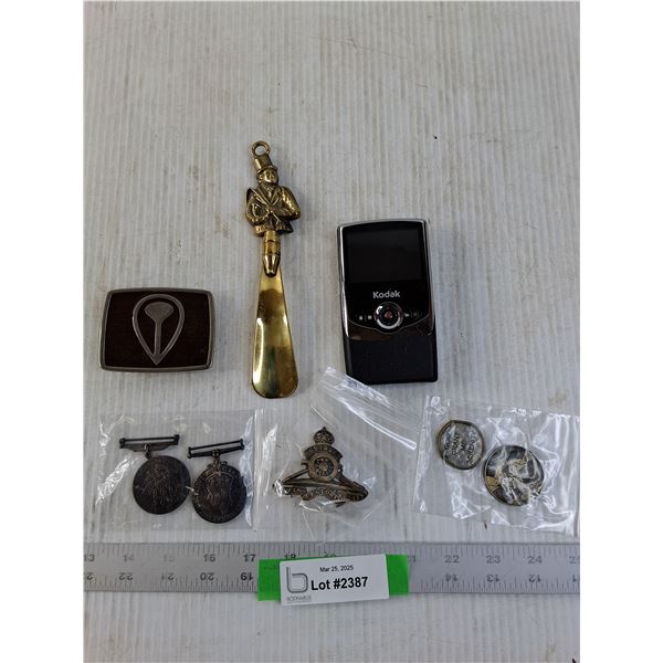 Military Medals, Cap Badge (Artillery), Shoe Horn, Belt Buckle and Kodak Camera