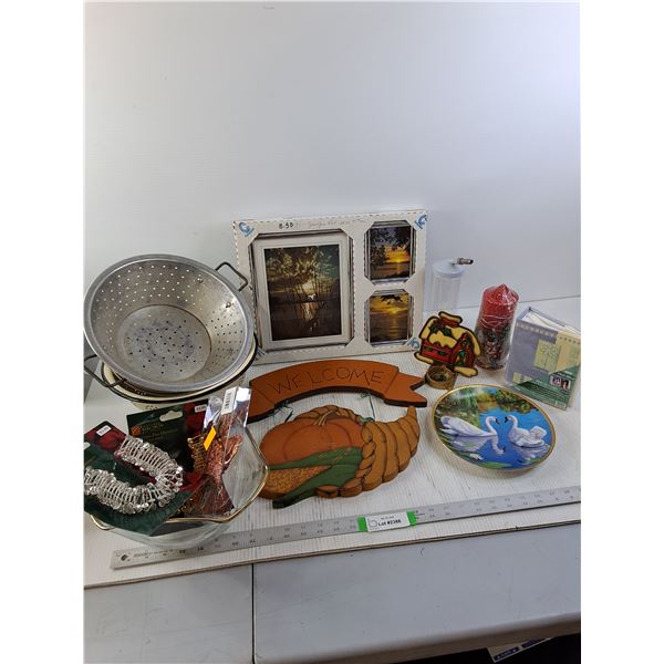 Assorted Room and Christmas Decor, Colanders, Candles and Photo Album