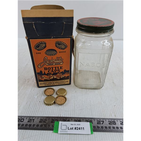 Vintage Lot (Nabob Glass Jar & Partial Box of Jointite Bottle Caps)