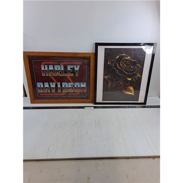 (2) Framed Wall Art Pictures (Harley Davidson 20" x 16" & Glistening Rose 19" x 17")