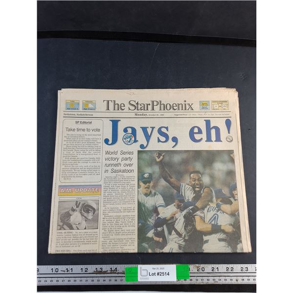 October 26 1992 Toronto Blue Jay's, eh! The Star Phoenix News Paper