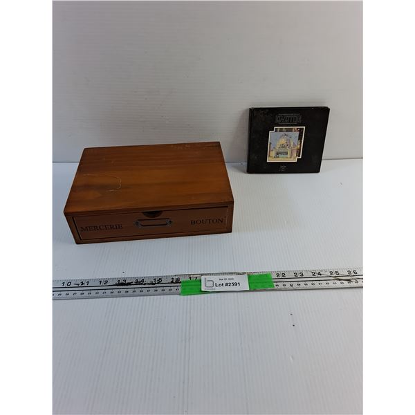 Wooden Mercerie Bouton Jewelry Box and Led Zeppelin Audio CD Collection