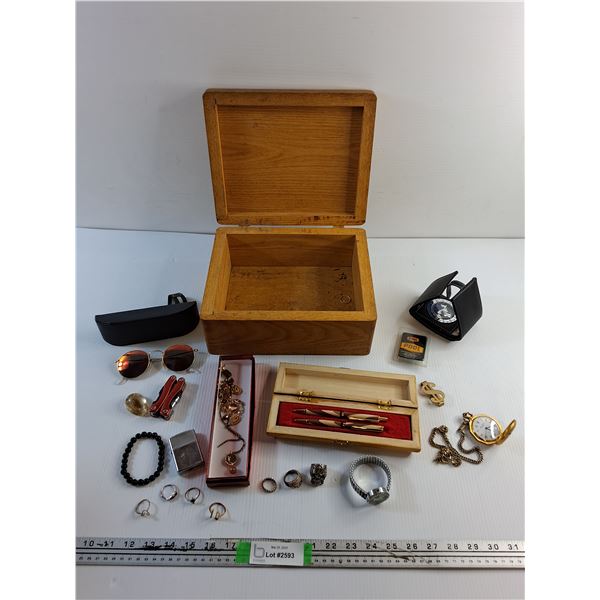 Wooden Box, Various Rings, Necklace, Pocket Watch, Tie Clip, Multi Tool, Resin Scorpion and Misc