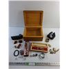 Image 1 : Wooden Box, Various Rings, Necklace, Pocket Watch, Tie Clip, Multi Tool, Resin Scorpion and Misc